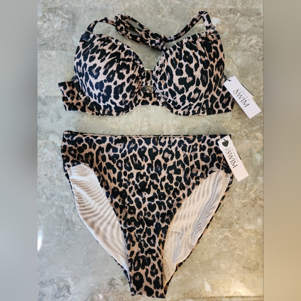 34C/S VS Swim Sexy Tee Bikini Top High Waist Full Coverage Bikini Set Leopard